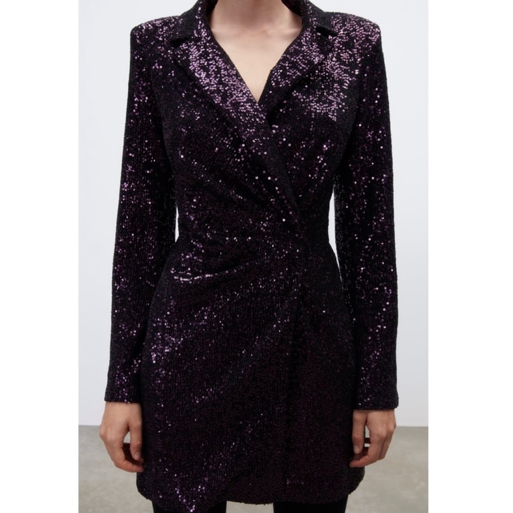 NWT Zara Woman Sequin Sequined Blazer Style Dress Dark Purple Siz S Bloggers Fav